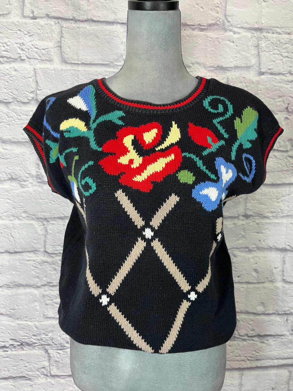 Vintage Euro Hand Knitted Floral Sweater Blouse by Beldoch Petites